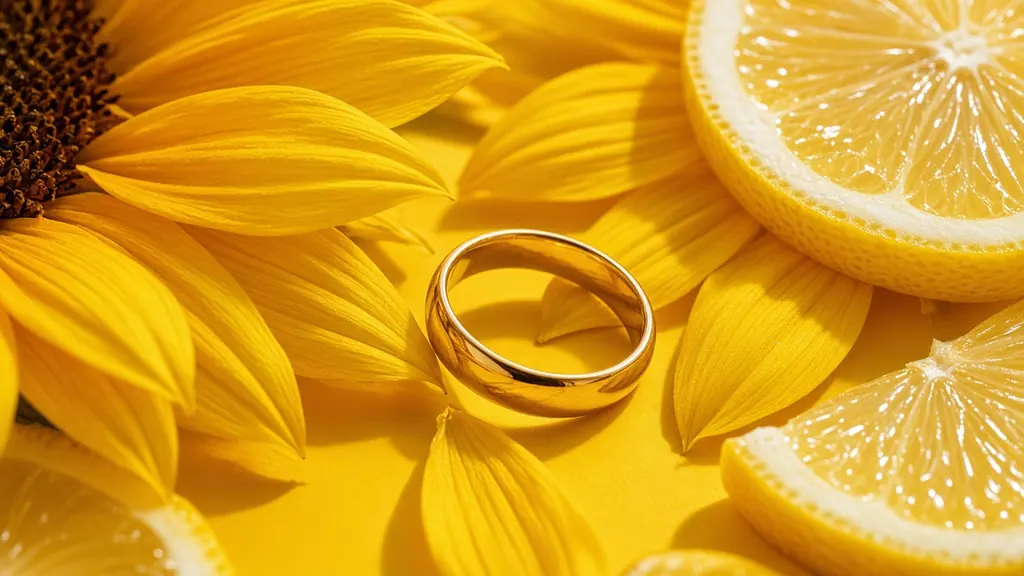 Alliance en or posée sur des pétales de tournesol jaunes : orgelet et bague en or, idée reçue