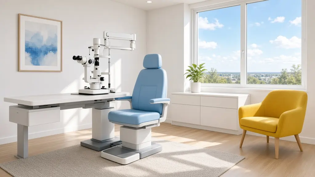Salle de consultation d'ophtalmologie lumineuse avec fauteuil bleu ciel, où se fait l'opération du chalazion à Paris