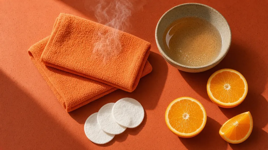 Gant de toilette orange chaud, bol d'eau tiède et cotons : traitement du chalazion sans chirurgie