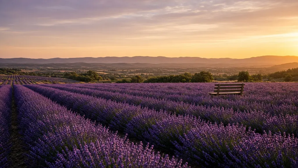 Champ de lavande au coucher du soleil avec un banc : une opération du chalazion vécue sereinement