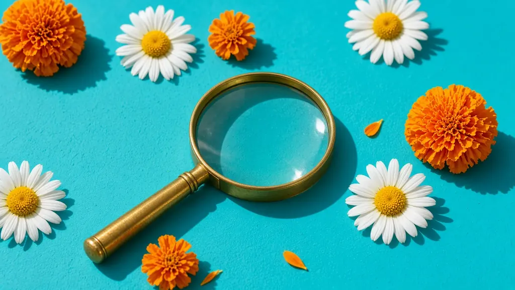 Loupe posée sur un fond turquoise entourée de fleurs, pour examiner la paupière inférieure