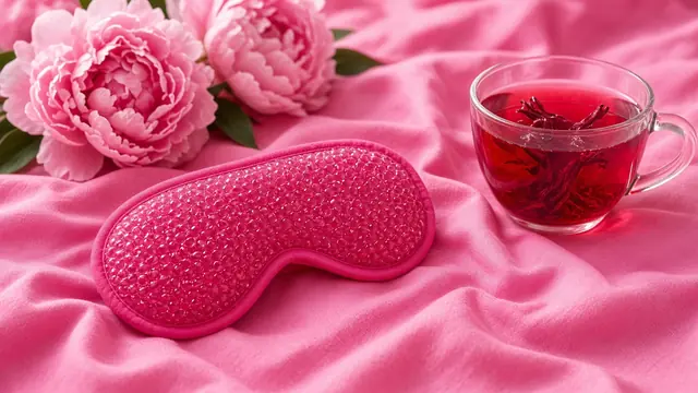 Masque chauffant rose à billes de gel sur un drap rose avec des pivoines : masque chauffant pour chalazion