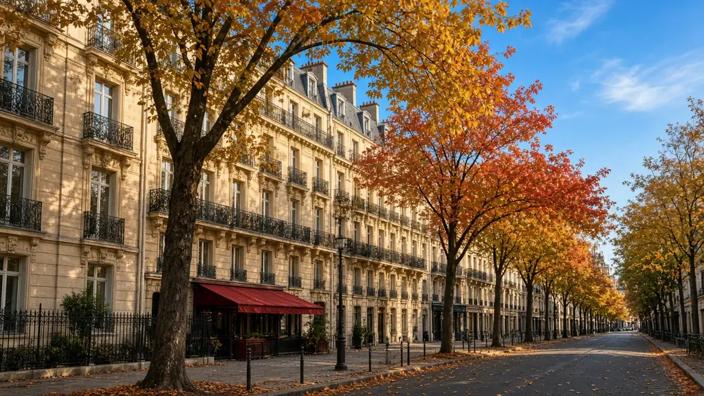 Rue haussmannienne de Paris en automne, arbres dorés et ciel bleu, près du cabinet du 16e