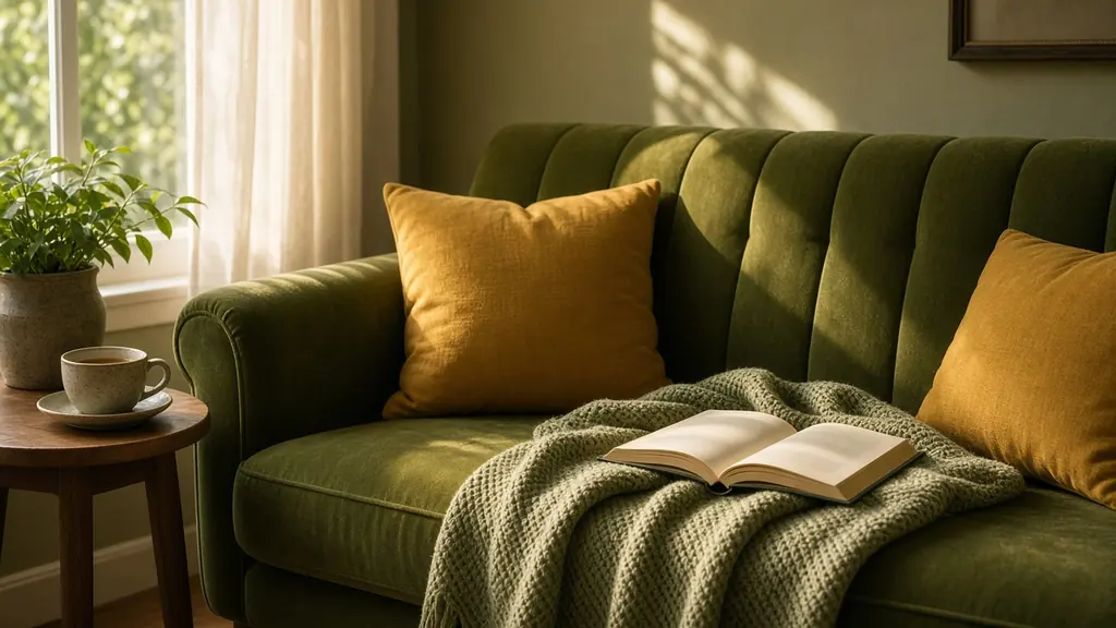 Canapé vert et coussins moutarde avec un livre et une tasse de thé : se reposer après l'opération du chalazion