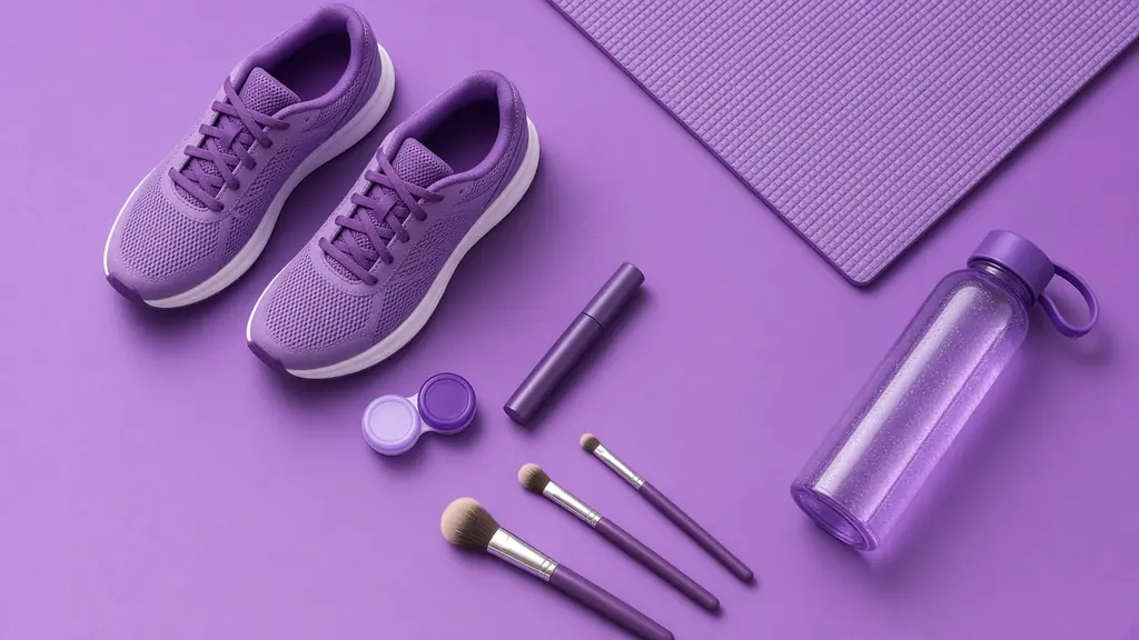 Baskets, étui à lentilles, mascara et pinceaux sur fond lilas : maquillage, lentilles et sport après l'opération du chalazion